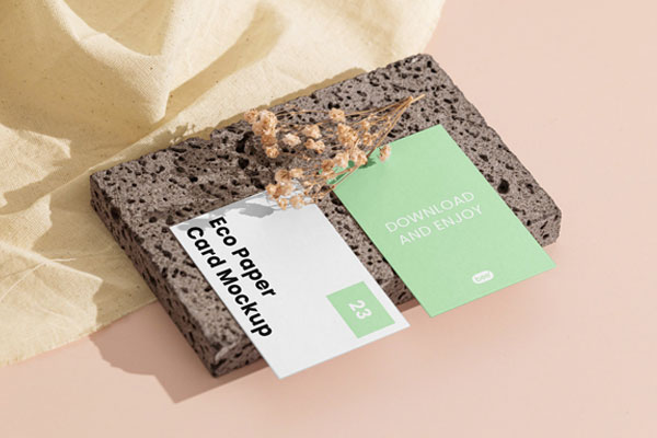 Perspective Showcase of Double Business Card Mockup on Brick