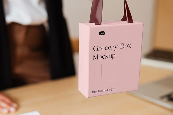 Perspective Showcase of Grocery Box Mockup in Hand