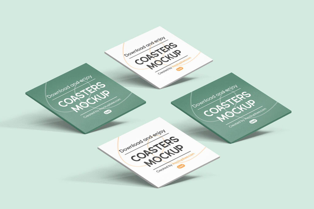Perspective Sight of 4 Square Paper Coasters Mockup
