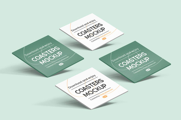 Perspective Sight of 4 Square Paper Coasters Mockup