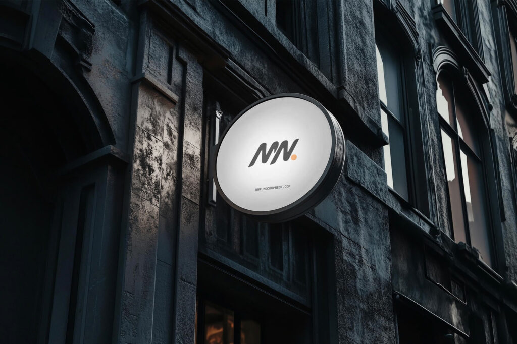 Perspective Sight of Circle Signboard Mockup on Building Wall