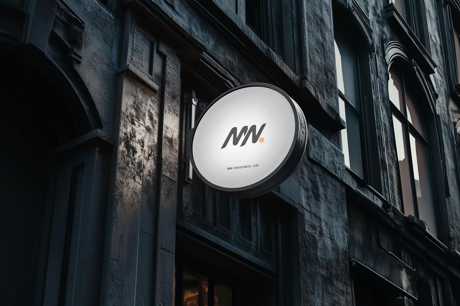 Free Perspective Sight of Circle Signboard Mockup on Building Wall PSD Template