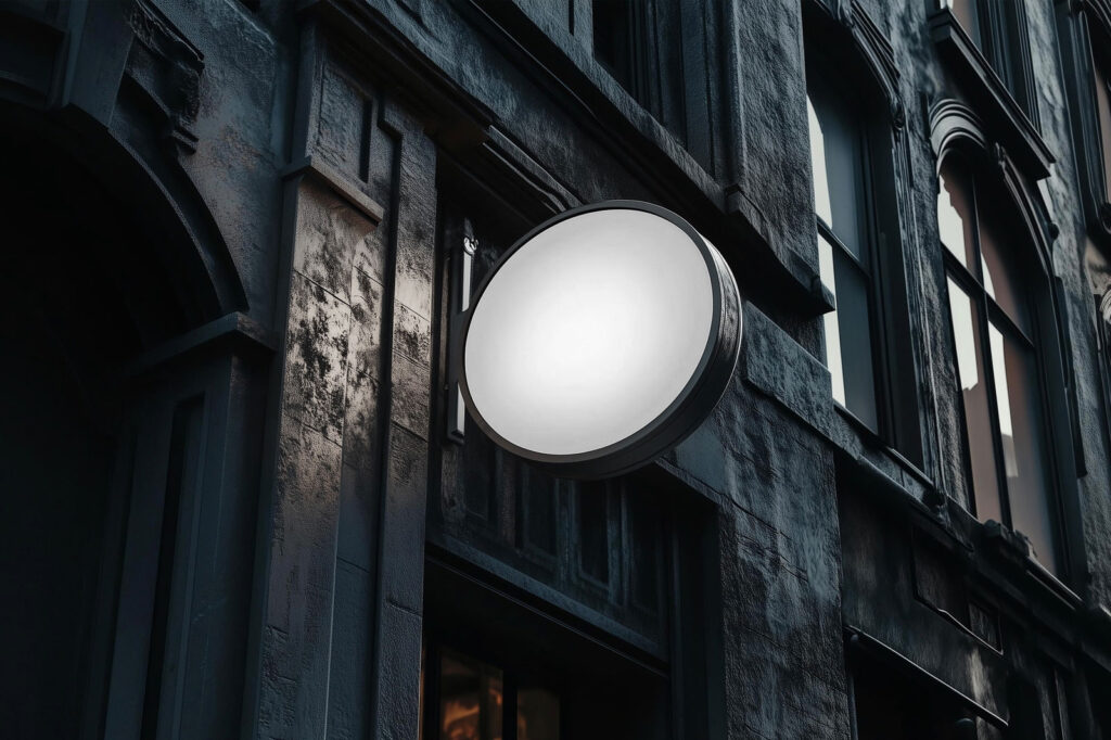 Perspective Sight of Circle Signboard Mockup on Building Wall