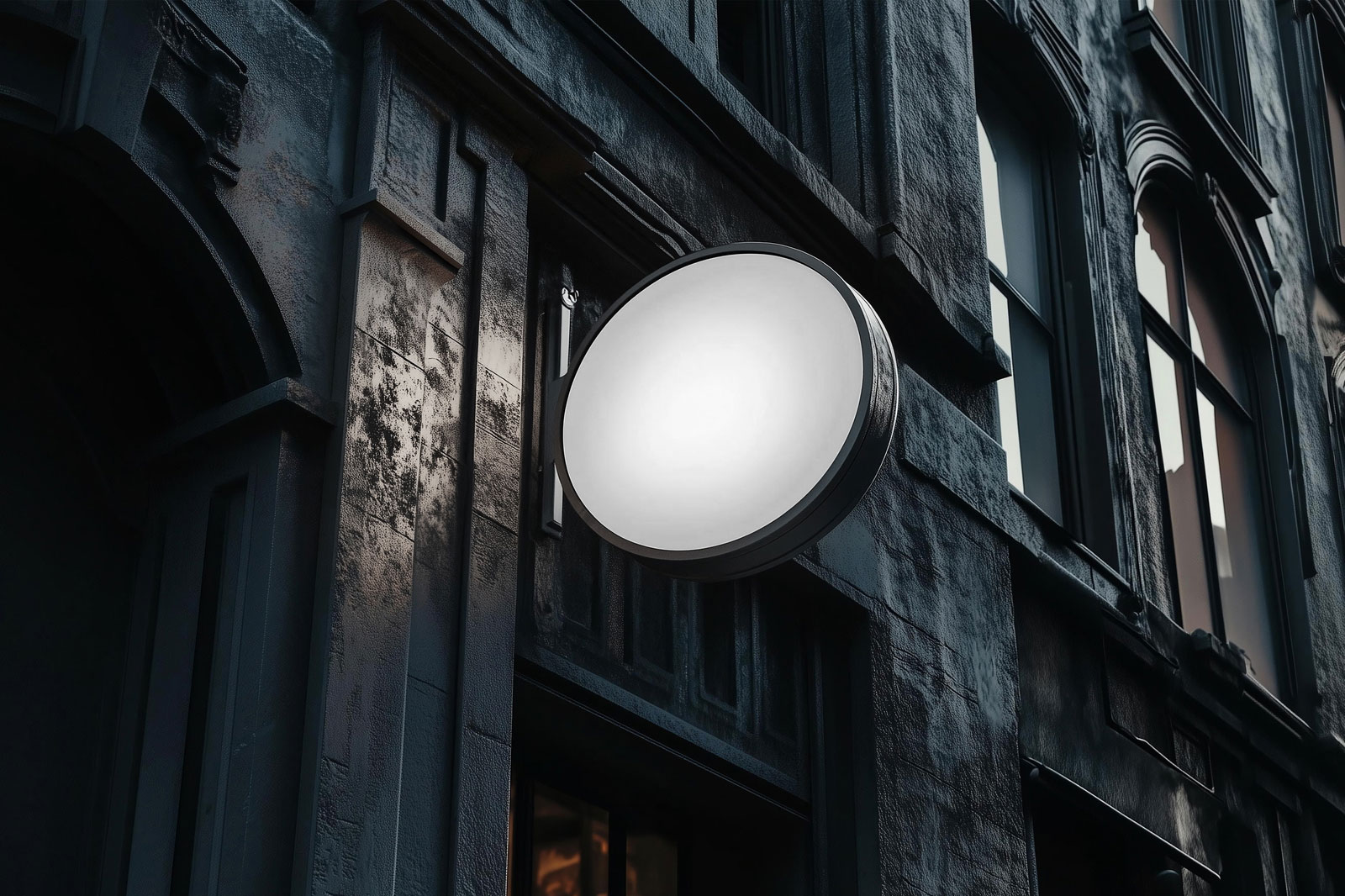 Free Perspective Sight of Circle Signboard Mockup on Building Wall PSD Template