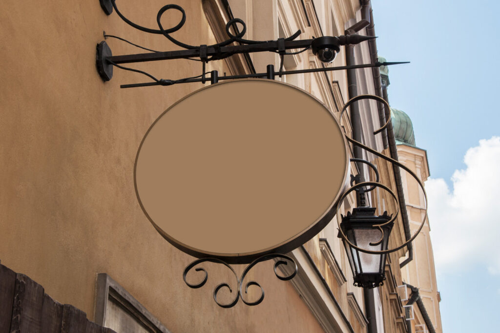 Perspective Sight of Classic Outdoor Circle Hanging Sign Mockup