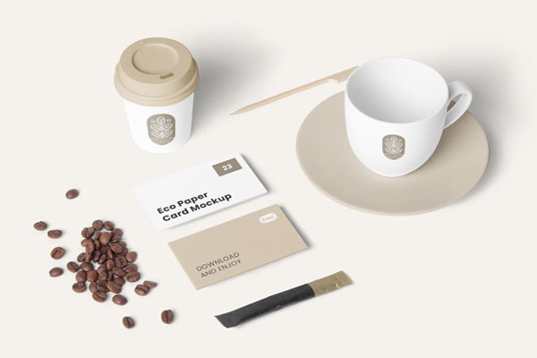 Perspective Sight of Coffee Stationery Mockup with Coffee Beans