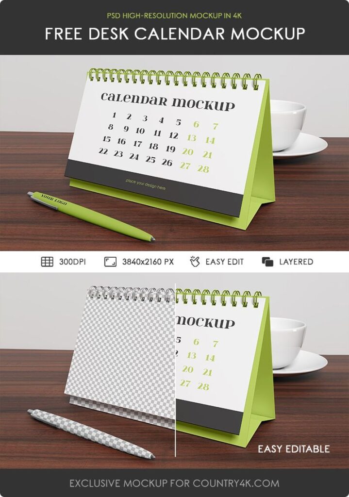 Perspective Sight of Desk Calendar Mockup with a Pen