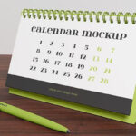 Perspective Sight of Desk Calendar Mockup with a Pen