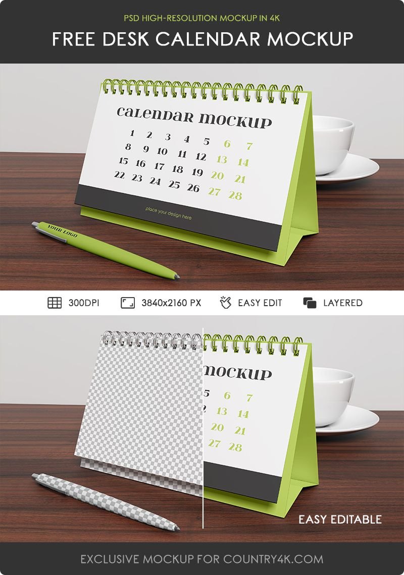Perspective Sight of Desk Calendar Mockup with a Pen FREE PSD
