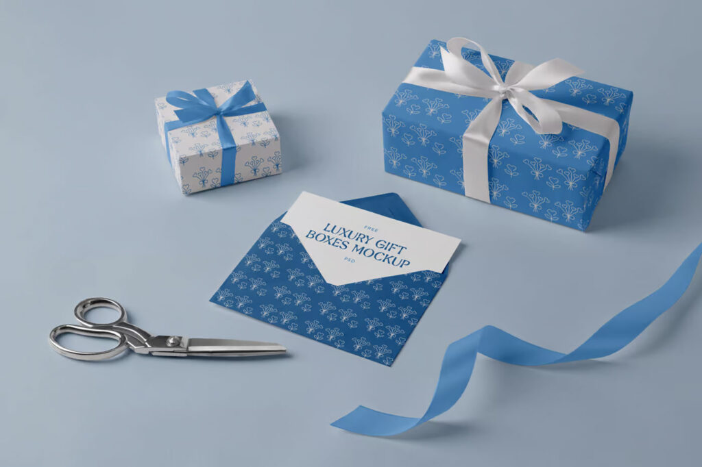 Perspective Sight of Gift Boxes Mockup with Envelope