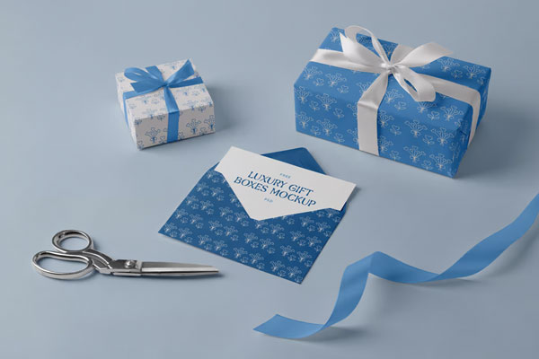 Perspective Sight of Gift Boxes Mockup with Envelope