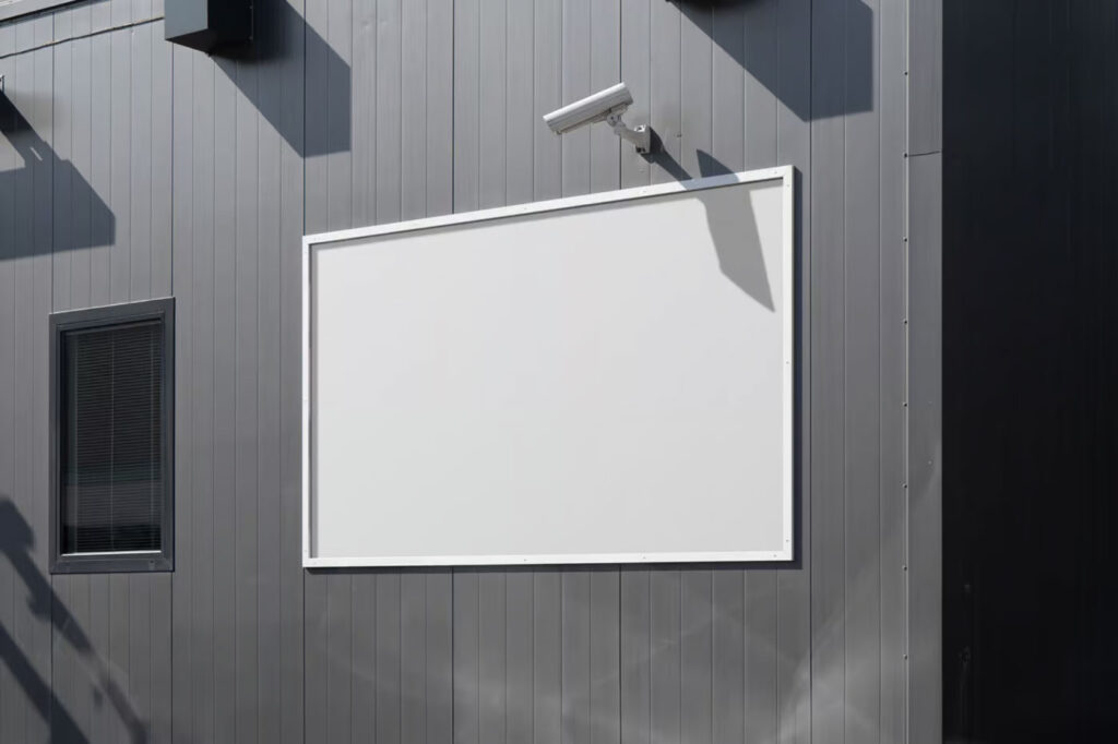 Perspective Sight of Horizontal Billboard Mockup on Metal Building
