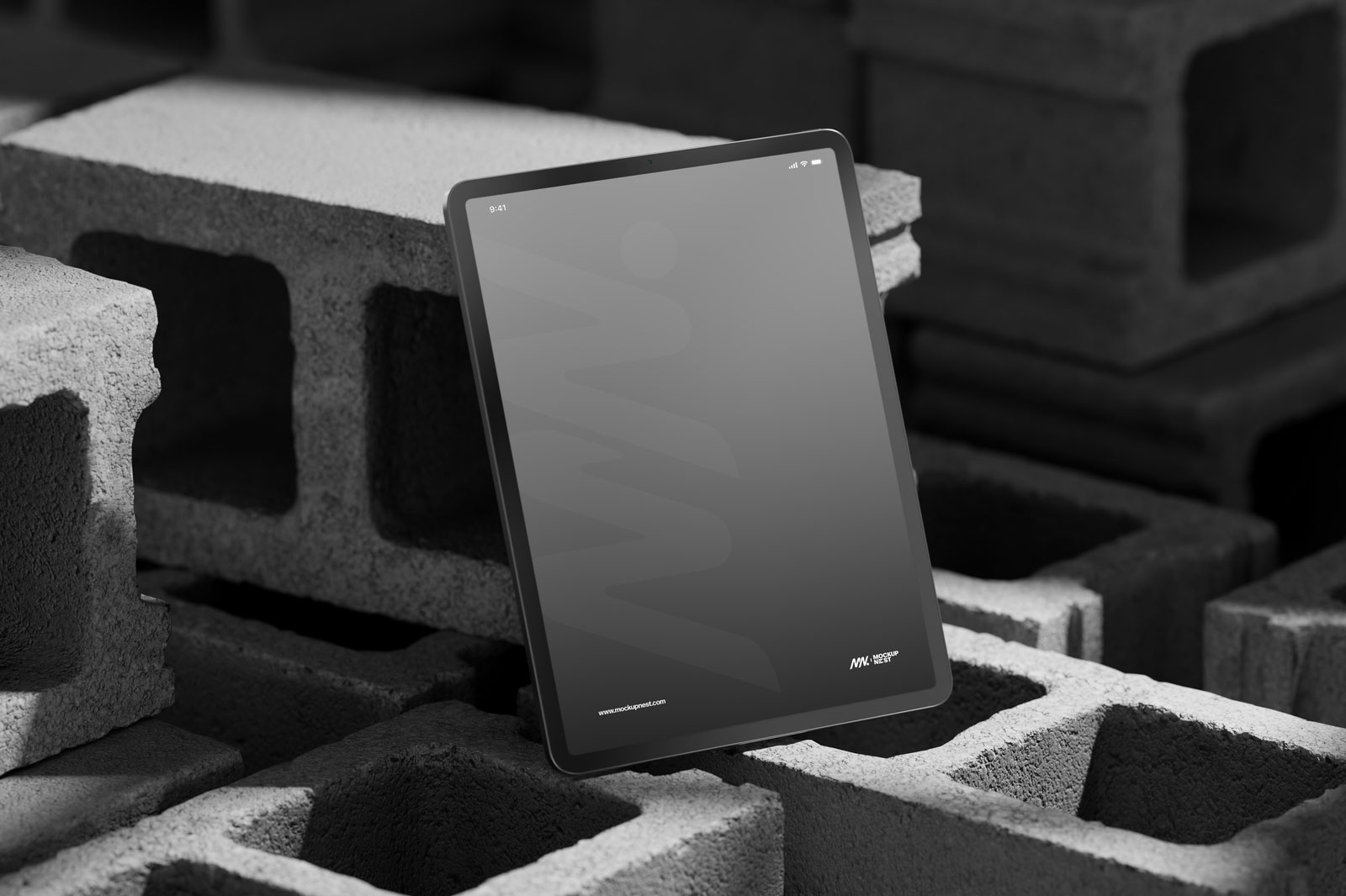 Free Perspective Sight of iPad Pro Mockup on Brick PSD Template
