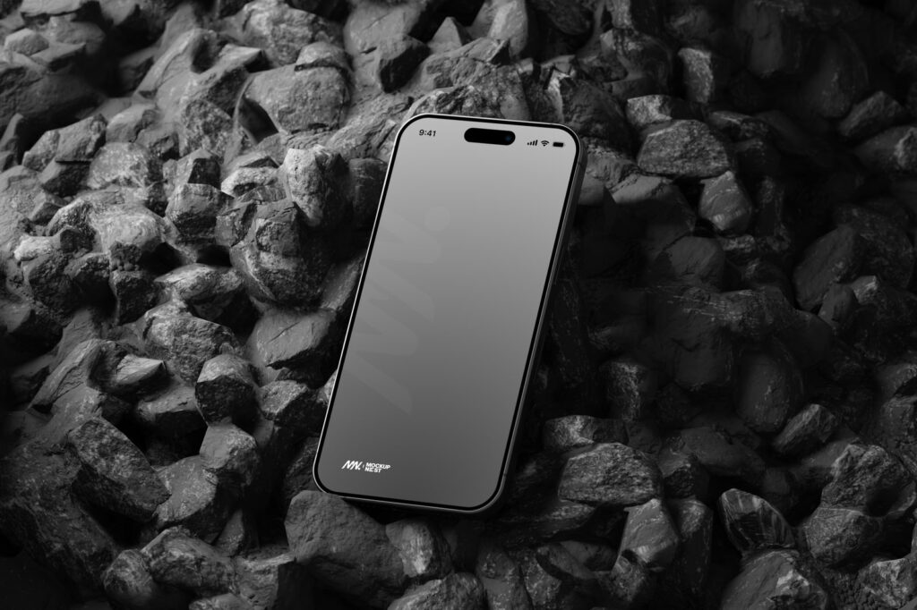 Perspective Sight of iPhone 15 Pro Mockup on Black Stone