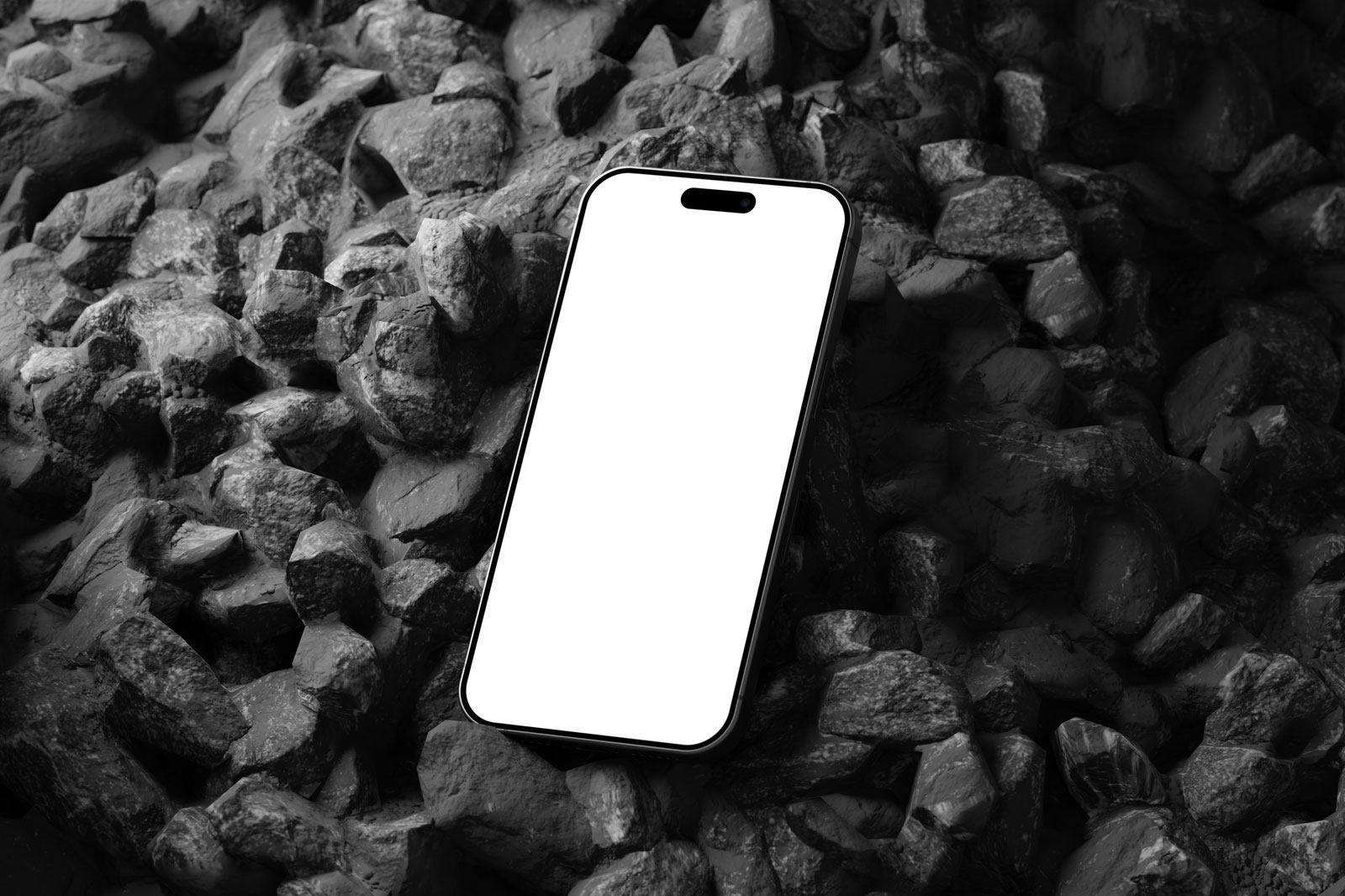 Free Perspective Sight of iPhone 15 Pro Mockup on Black Stone PSD Template