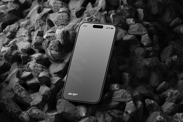 Perspective Sight of iPhone 15 Pro Mockup on Black Stone