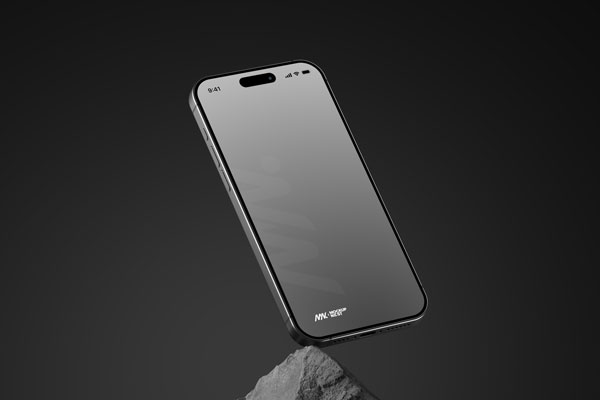 Perspective Sight of iPhone 15 Pro Mockup on Rock