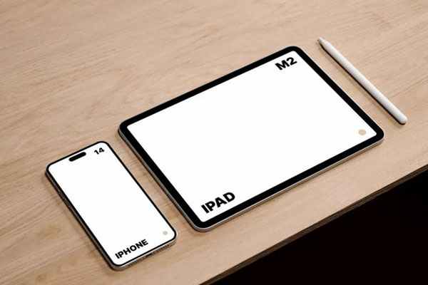 Perspective Sight of M2 iPad Pro and iPhone 14 Pro Max Mockup
