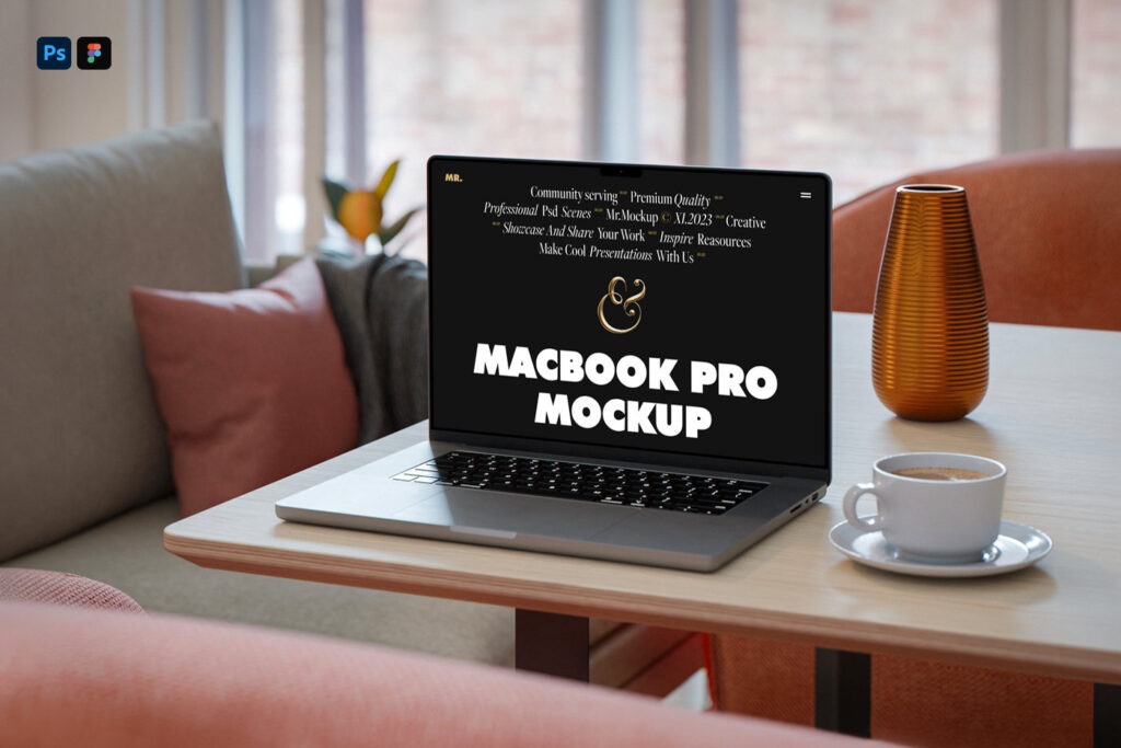 Perspective Sight of MacBook Pro Mockup on Table