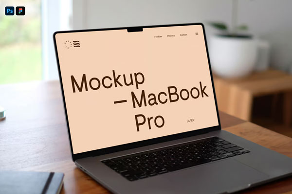 Perspective Sight of MacBook Pro Mockup on Wooden Desk