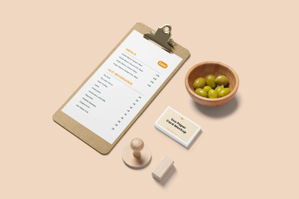 Perspective Sight of Stationery Menu Mockup with Olives