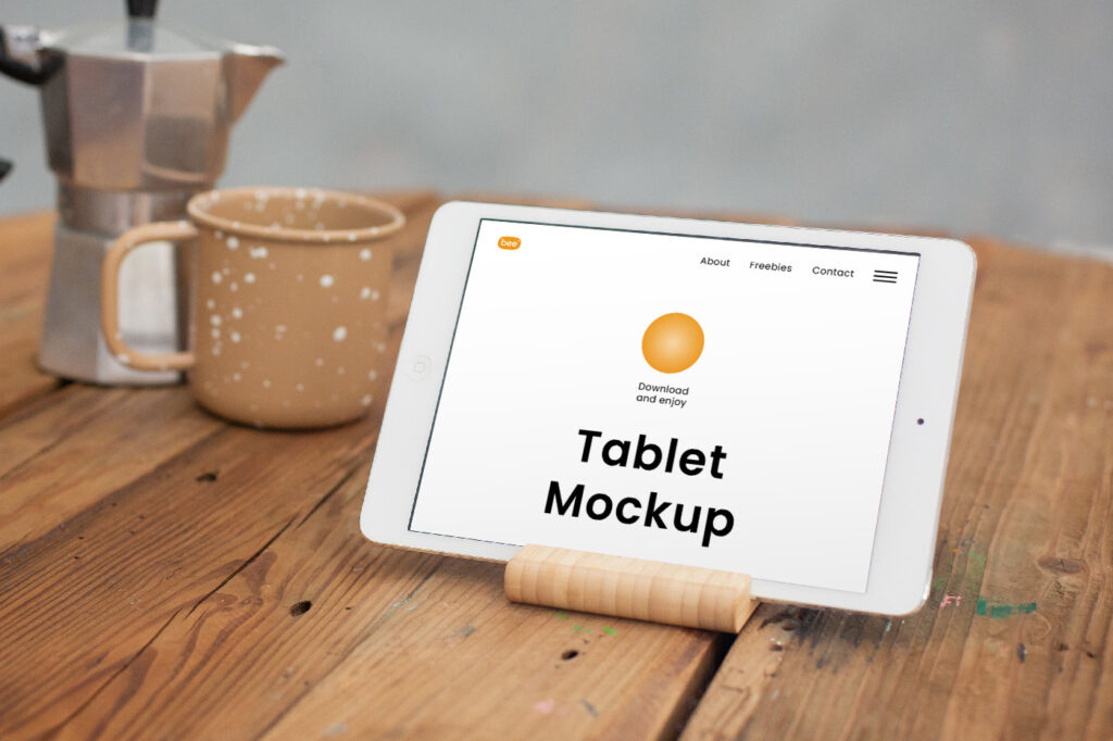 Perspective sight of Tablet Mockup with Cup
