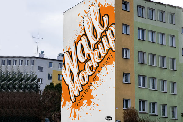 Perspective Sight of Vertical Building Wall Mockup