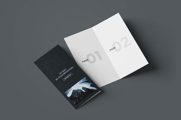 Perspective View 2 Open and Closed DL Bi-fold Brochures Mockup