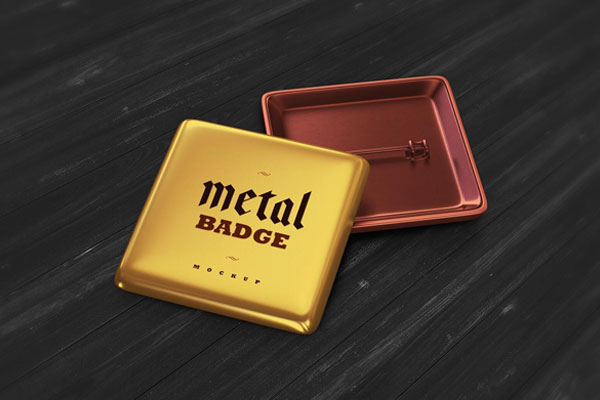 Perspective View 2 Square Metal Badges on Wooden Floor Mockup