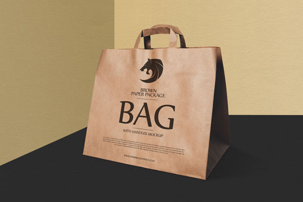 Perspective View Brown Paper Shopping Bag in Corner Mockup