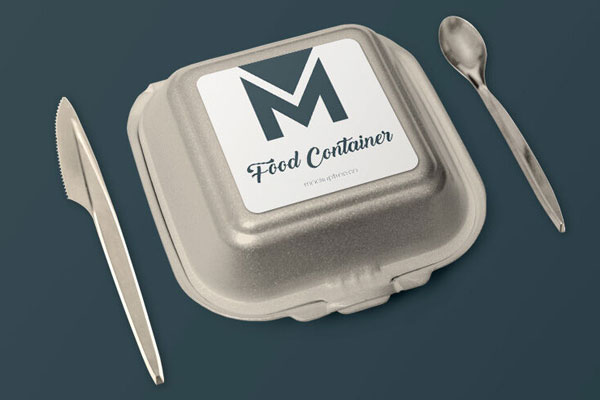 Perspective View Foam Food Container Mockup with Knife and Spoon