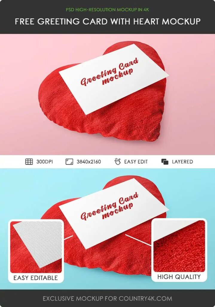 Perspective View Postcard on Heart Pillow Mockup