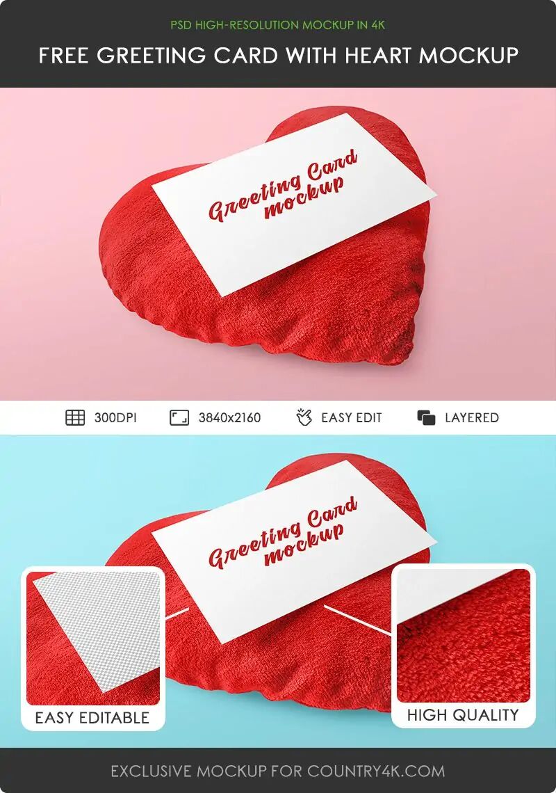 Perspective View Greeting Card on Heart Pillow Mockup FREE PSD