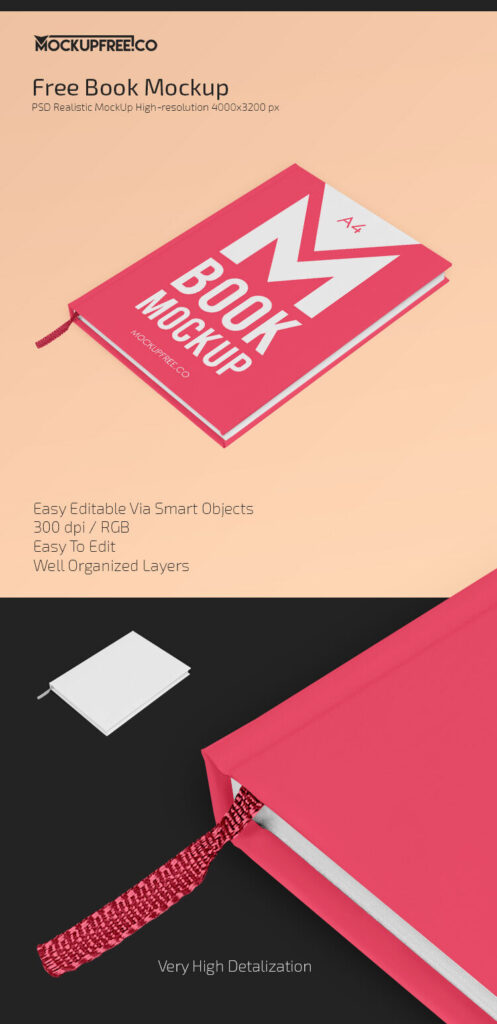 Perspective View Hardcover Book Mockup with Bookmark
