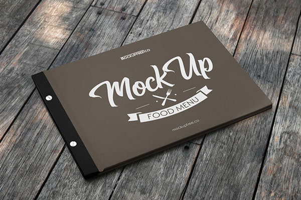 Perspective View Horizontal Hardcover Food Menu Booklet on Wood Mockup