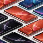 Perspective View iPhone XRS on Floor in Grid Style Mockup