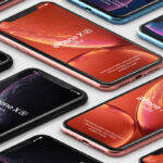 Perspective View iPhone XRS on Floor in Grid Style Mockup