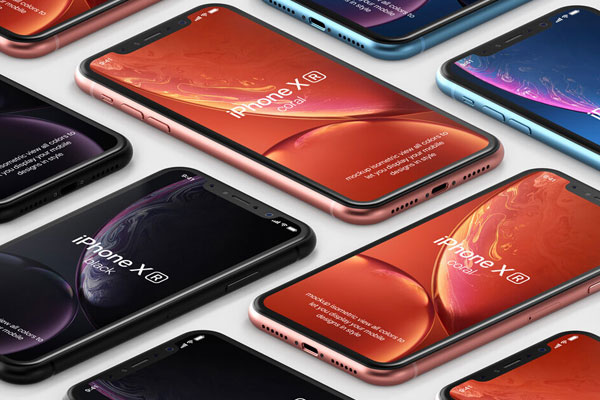 Perspective View iPhone XRS on Floor in Grid Style Mockup