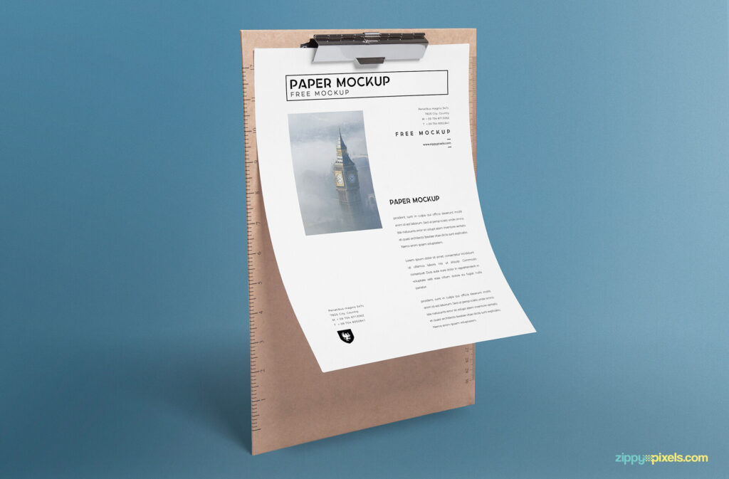 Perspective View Letter and Clipboard Mockup