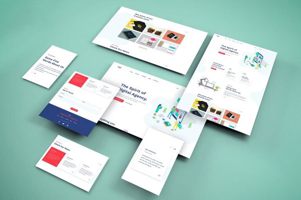 Perspective View Multiple Web Pages on the Floor Mockup