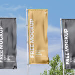 Perspective View of 3 Vertical Outdoor Wrinkled Pole Flags Mockup