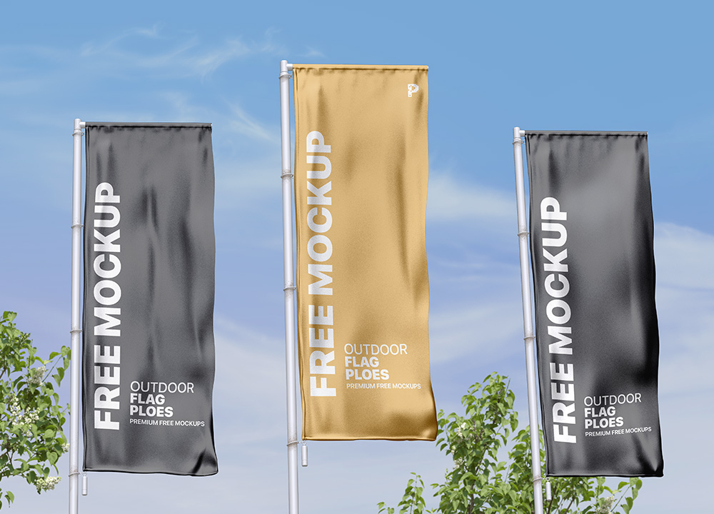 Perspective View of 3 Vertical Outdoor Wrinkled Pole Flags Mockup