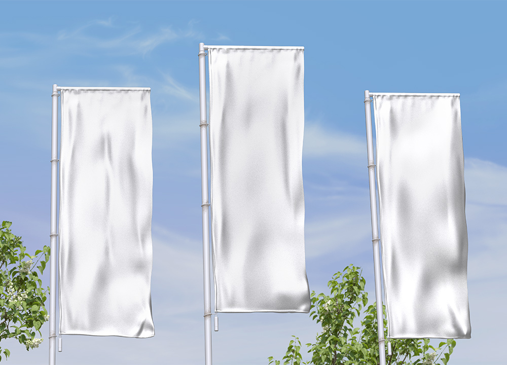 Perspective View of 3 Vertical Outdoor Wrinkled Pole Flags Mockup