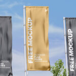 Perspective View of 3 Vertical Outdoor Wrinkled Pole Flags Mockup