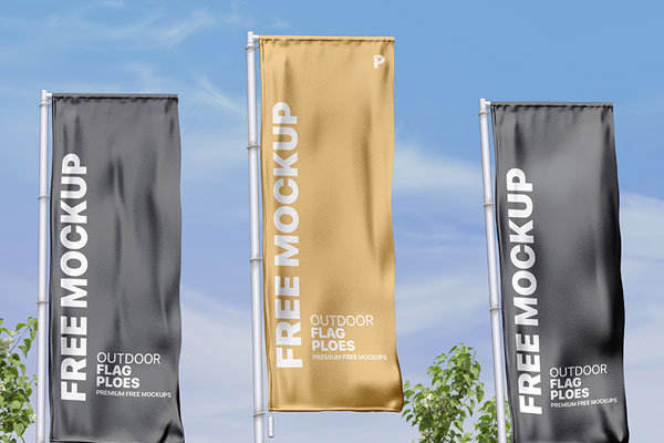 Perspective View of 3 Vertical Outdoor Wrinkled Pole Flags Mockup