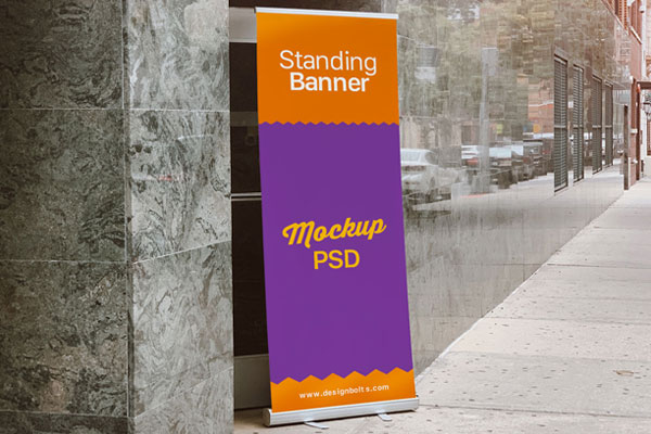 Perspective View of a Banner Standing in Outdoor Setting Mockup