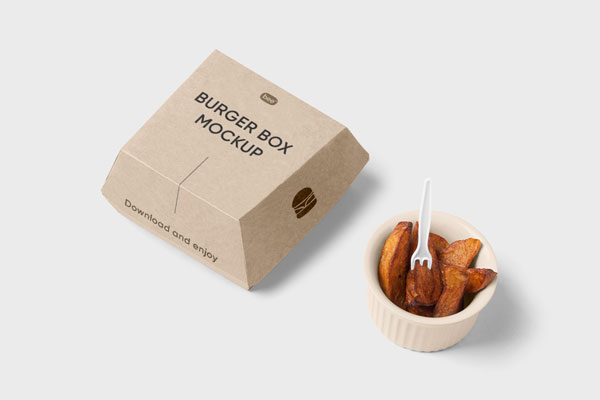 Perspective View of a Burger with Fries Packaging Box Mockup