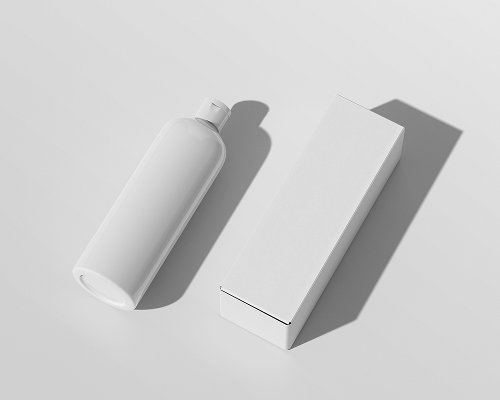 Perspective View of Cosmetic Bottle with Packaging Box Mockup