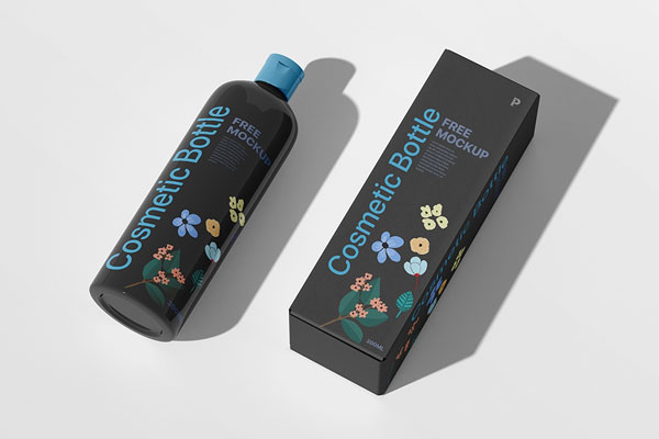 Perspective View of Cosmetic Bottle with Packaging Box Mockup