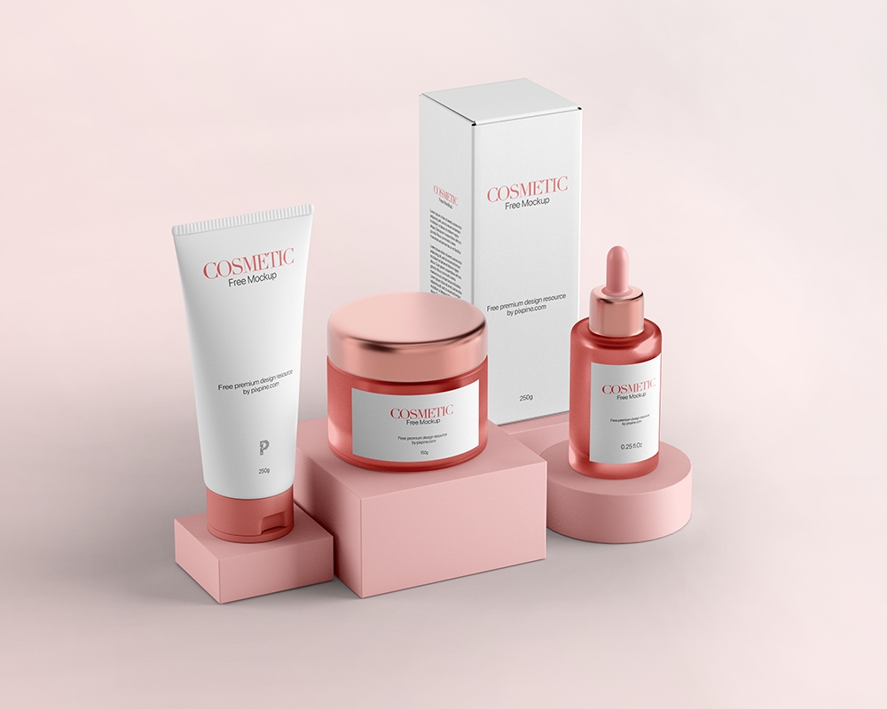 Perspective View of a Cosmetic Set with Their Packaging Boxes Mockup